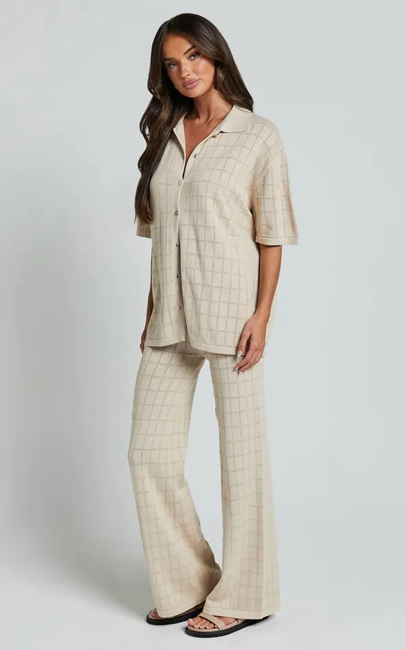 Showpo Tommy Two Piece Set 8211 Knit Button Through Top And Pants Two Piece Set In Sand Women Knitwear