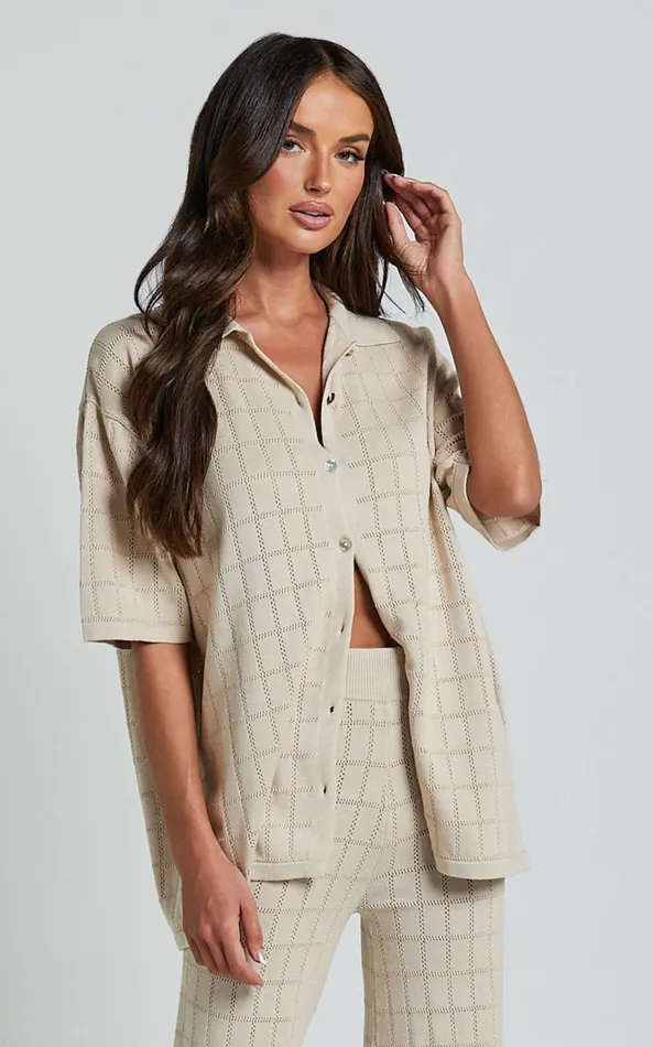 Showpo Tommy Two Piece Set 8211 Knit Button Through Top And Pants Two Piece Set In Sand Women Knitwear