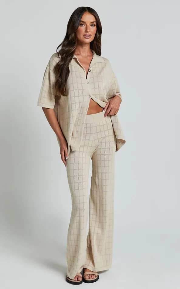 Showpo Tommy Two Piece Set 8211 Knit Button Through Top And Pants Two Piece Set In Sand Women Knitwear