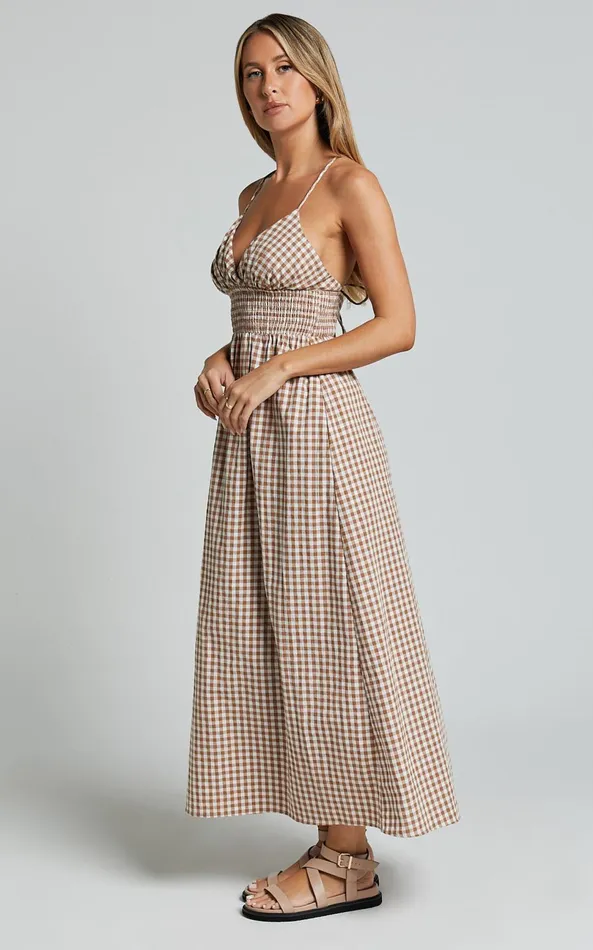 Showpo Toni Midi Dress 8211 Strappy Gingham Dress In Caramel And White Gingham Women Dresses