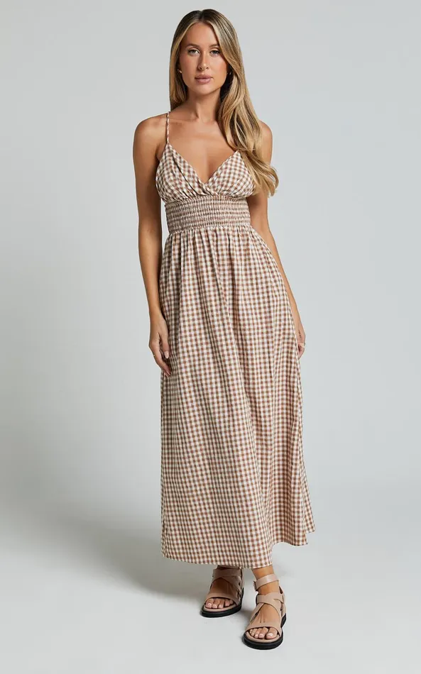 Showpo Toni Midi Dress 8211 Strappy Gingham Dress In Caramel And White Gingham Women Dresses