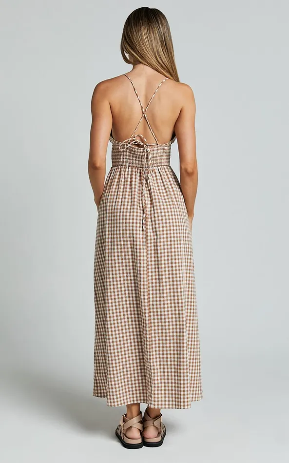 Showpo Toni Midi Dress 8211 Strappy Gingham Dress In Caramel And White Gingham Women Dresses