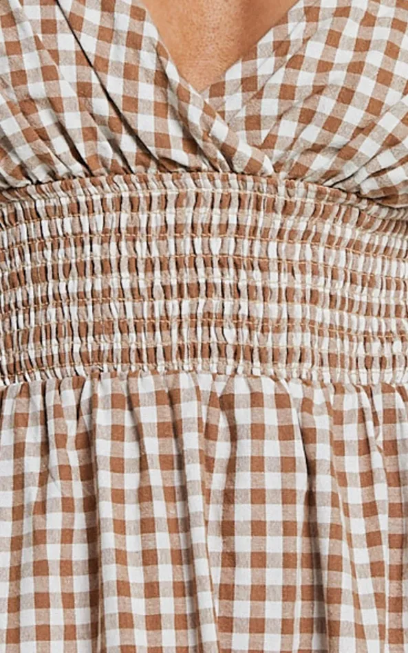 Showpo Toni Midi Dress 8211 Strappy Gingham Dress In Caramel And White Gingham Women Dresses