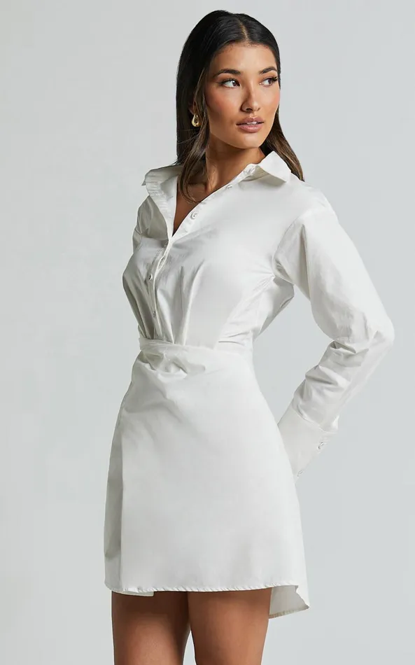 Showpo Tonja Mini Dress 8211 Long Sleeve Wrap Shirt Dress In Ivory Women Dresses