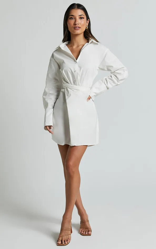 Showpo Tonja Mini Dress 8211 Long Sleeve Wrap Shirt Dress In Ivory Women Dresses