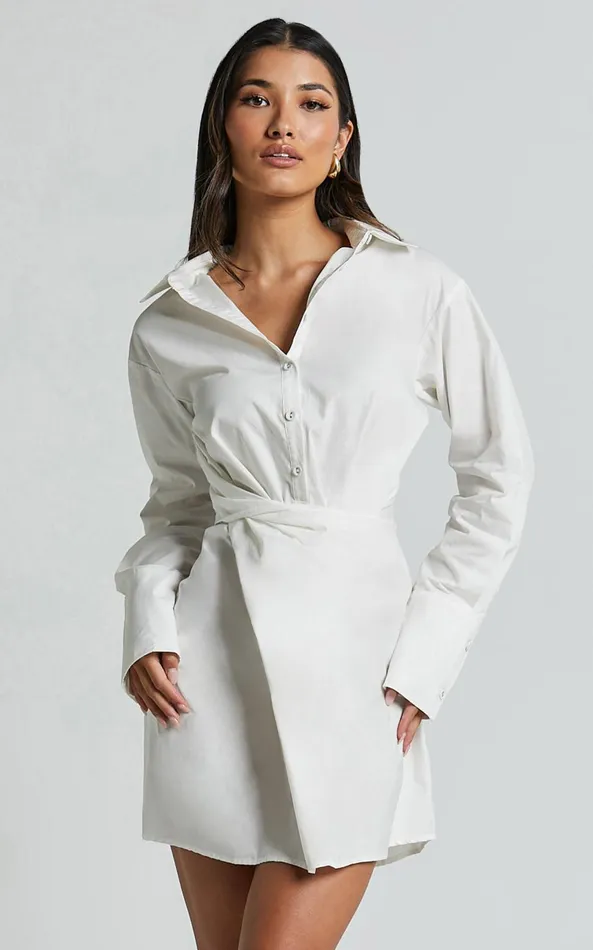 Showpo Tonja Mini Dress 8211 Long Sleeve Wrap Shirt Dress In Ivory Women Dresses