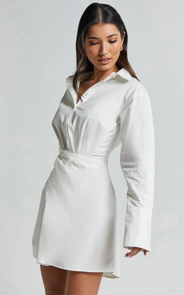 Showpo Tonja Mini Dress 8211 Long Sleeve Wrap Shirt Dress In Ivory Women Dresses