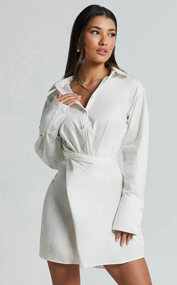 Showpo Tonja Mini Dress 8211 Long Sleeve Wrap Shirt Dress In Ivory Women Dresses