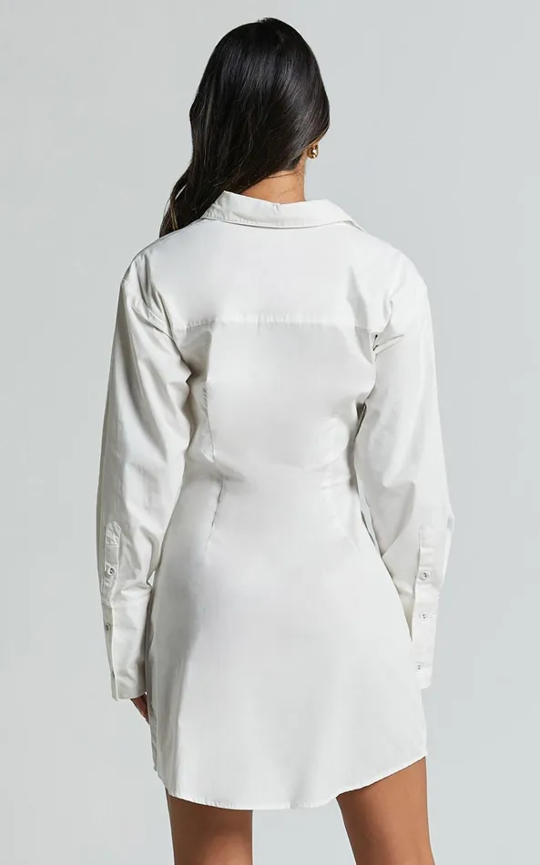 Showpo Tonja Mini Dress 8211 Long Sleeve Wrap Shirt Dress In Ivory Women Dresses