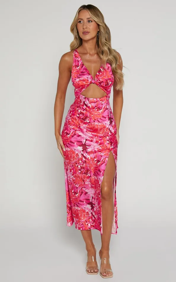 Showpo Tove Midi Dress 8211 Twist Front Cut Out Satin Dress In Ice Pink Women Dresses