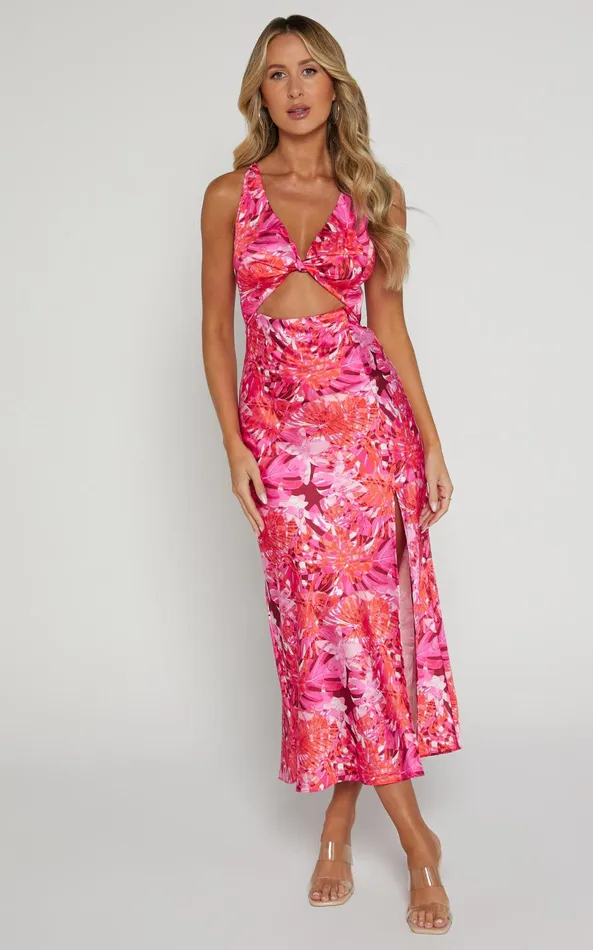 Showpo Tove Midi Dress 8211 Twist Front Cut Out Satin Dress In Ice Pink Women Dresses