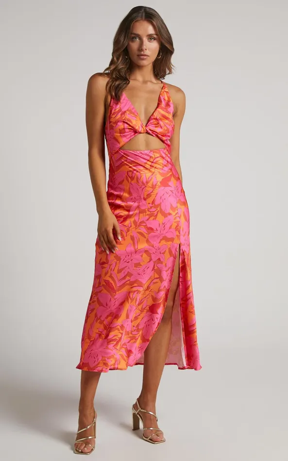 Showpo Tove Midi Dress 8211 Twist Front Cut Out Satin Dress In Pink Floral Women Dresses Showpo Tove Midi Dress 8211 Twist Front Cut Out Satin Dress In Pink Floral Women Dresses