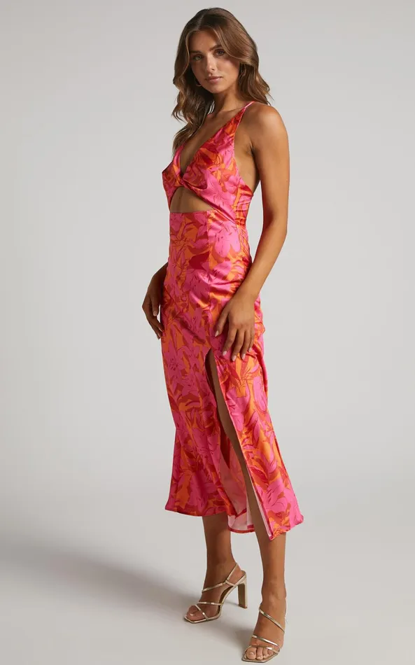Showpo Tove Midi Dress 8211 Twist Front Cut Out Satin Dress In Pink Floral Women Dresses