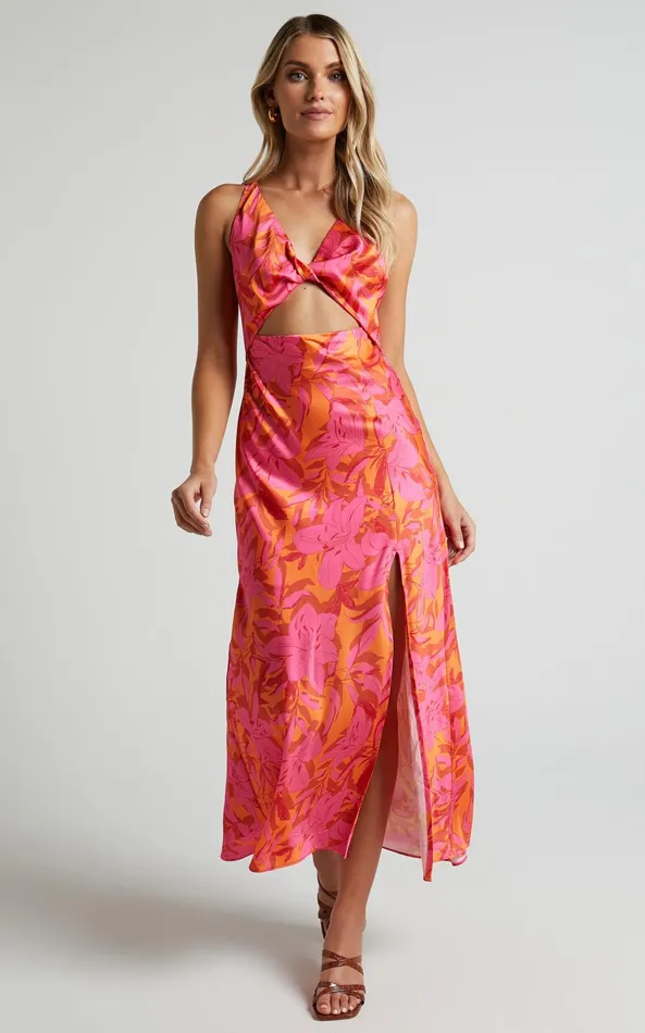 Showpo Tove Midi Dress 8211 Twist Front Cut Out Satin Dress In Pink Floral Women Dresses