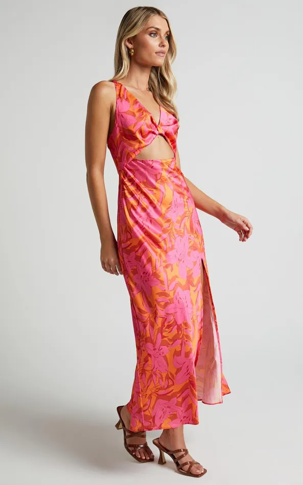 Showpo Tove Midi Dress 8211 Twist Front Cut Out Satin Dress In Pink Floral Women Dresses
