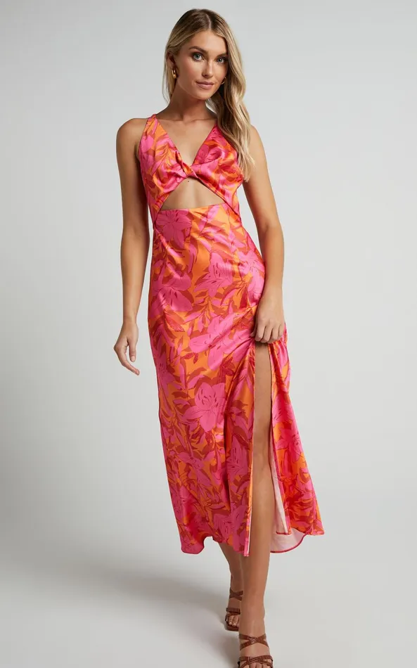Showpo Tove Midi Dress 8211 Twist Front Cut Out Satin Dress In Pink Floral Women Dresses