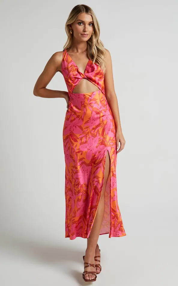 Showpo Tove Midi Dress 8211 Twist Front Cut Out Satin Dress In Pink Floral Women Dresses