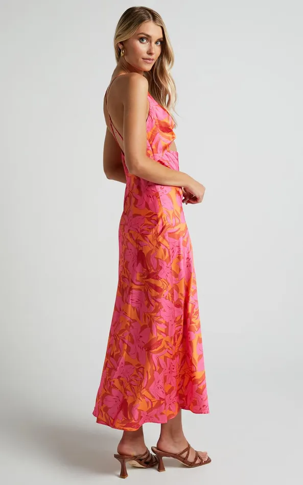 Showpo Tove Midi Dress 8211 Twist Front Cut Out Satin Dress In Pink Floral Women Dresses