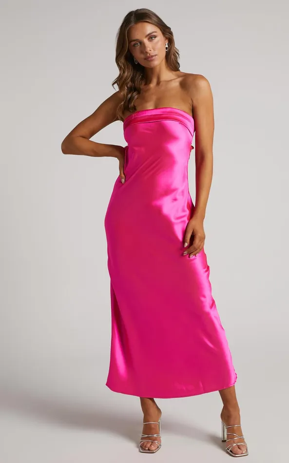 Showpo Tracey Maxi Dress 8211 Strapless Back Drape Satin Dress In Pink Women Dresses Showpo Tracey Maxi Dress 8211 Strapless Back Drape Satin Dress In Pink Women Dresses
