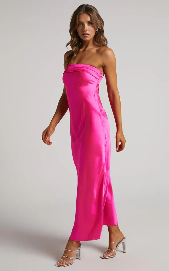 Showpo Tracey Maxi Dress 8211 Strapless Back Drape Satin Dress In Pink Women Dresses