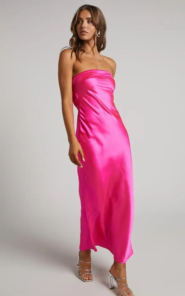 Showpo Tracey Maxi Dress 8211 Strapless Back Drape Satin Dress In Pink Women Dresses