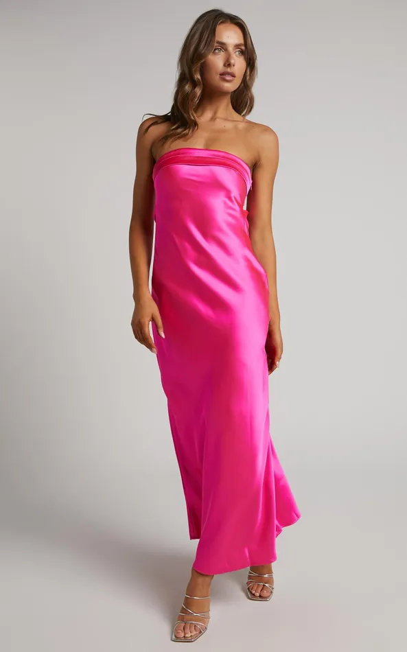 Showpo Tracey Maxi Dress 8211 Strapless Back Drape Satin Dress In Pink Women Dresses
