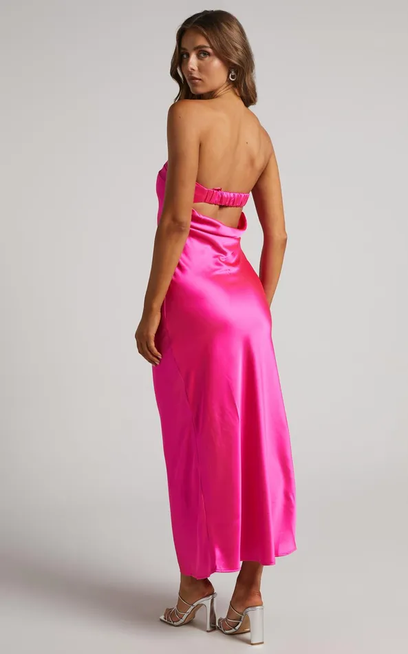 Showpo Tracey Maxi Dress 8211 Strapless Back Drape Satin Dress In Pink Women Dresses