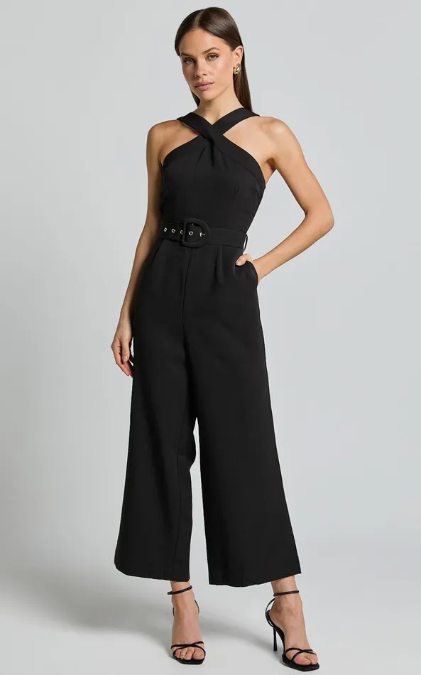 Showpo Tracy Jumpsuit 8211 Diamond Neck Belted Straight Leg Jumpsuit In Black Women Jumpsuits