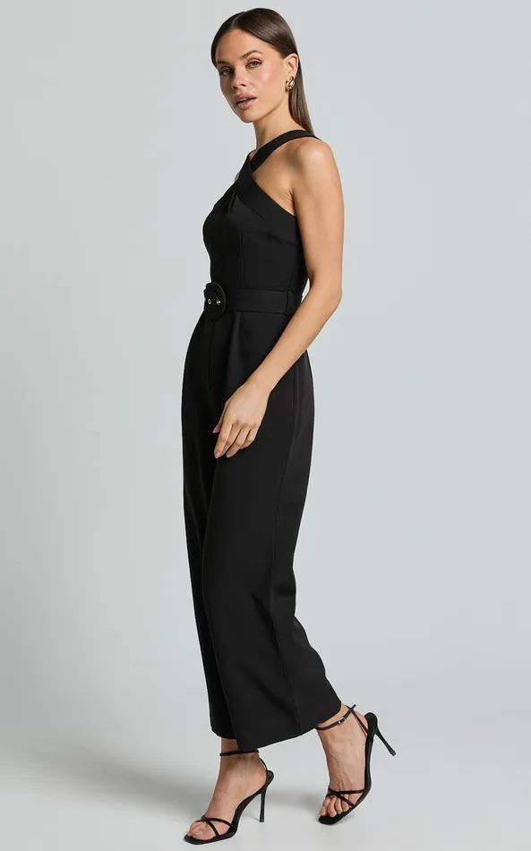 Showpo Tracy Jumpsuit 8211 Diamond Neck Belted Straight Leg Jumpsuit In Black Women Jumpsuits