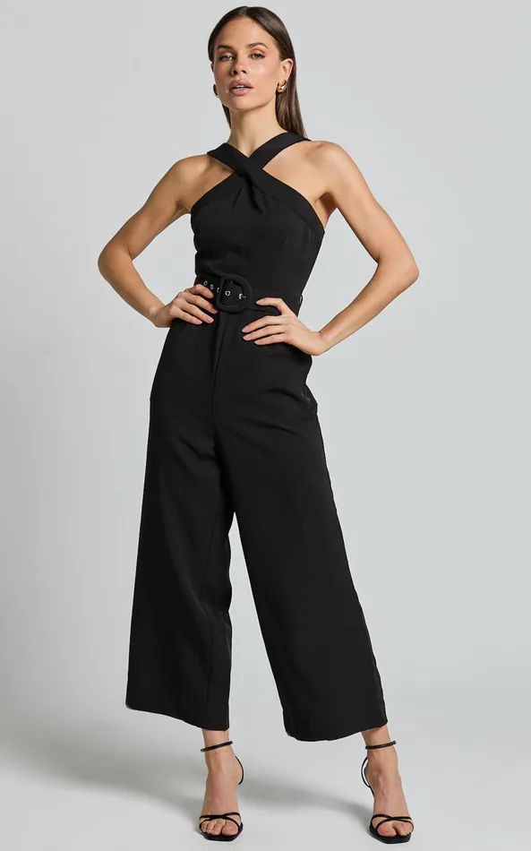 Showpo Tracy Jumpsuit 8211 Diamond Neck Belted Straight Leg Jumpsuit In Black Women Jumpsuits