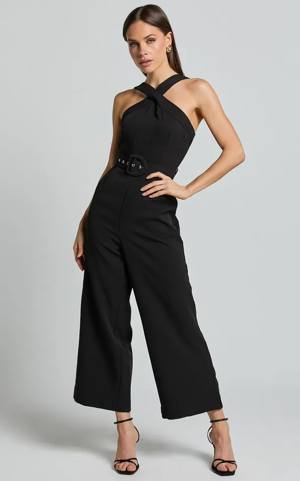 Showpo Tracy Jumpsuit 8211 Diamond Neck Belted Straight Leg Jumpsuit In Black Women Jumpsuits