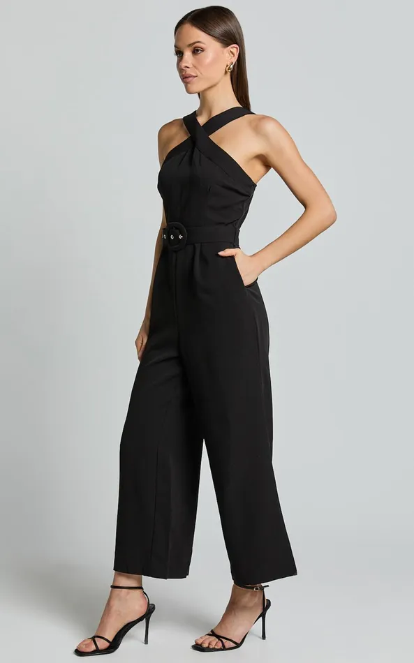 Showpo Tracy Jumpsuit 8211 Diamond Neck Belted Straight Leg Jumpsuit In Black Women Jumpsuits