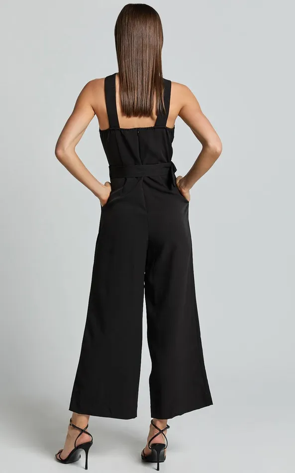 Showpo Tracy Jumpsuit 8211 Diamond Neck Belted Straight Leg Jumpsuit In Black Women Jumpsuits