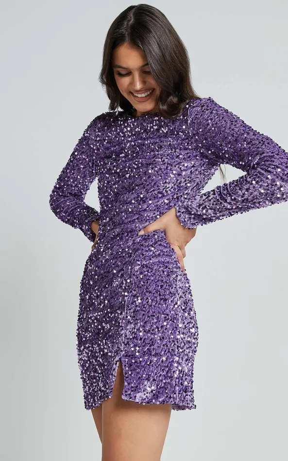 Showpo Tracy Mini Dress 8211 Sequin Long Sleeve Backless Dress In Purple Women Dresses