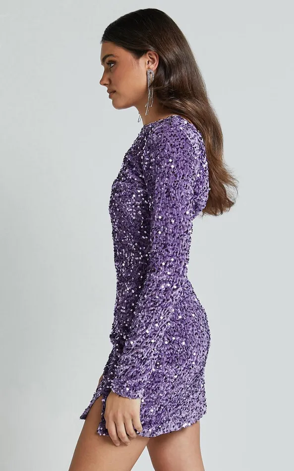 Showpo Tracy Mini Dress 8211 Sequin Long Sleeve Backless Dress In Purple Women Dresses