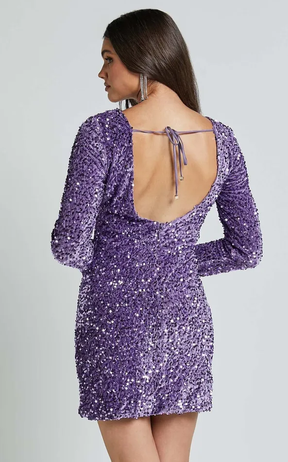 Showpo Tracy Mini Dress 8211 Sequin Long Sleeve Backless Dress In Purple Women Dresses
