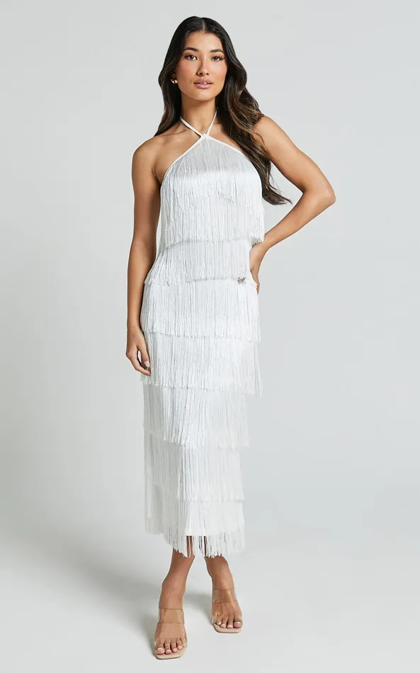 Showpo Trixie Maxi Dress 8211 Diamond Halter Neck Fringe Tiered Dress In White Women Dresses Showpo Trixie Maxi Dress 8211 Diamond Halter Neck Fringe Tiered Dress In White Women Dresses