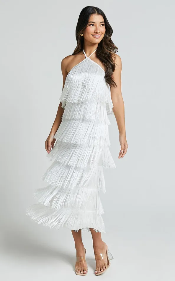 Showpo Trixie Maxi Dress 8211 Diamond Halter Neck Fringe Tiered Dress In White Women Dresses