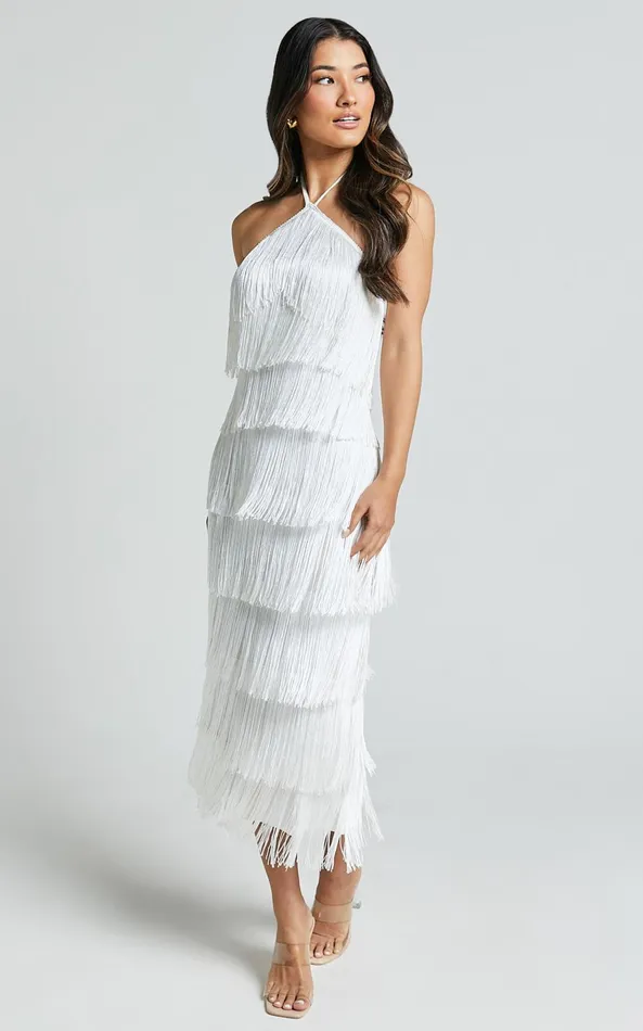 Showpo Trixie Maxi Dress 8211 Diamond Halter Neck Fringe Tiered Dress In White Women Dresses
