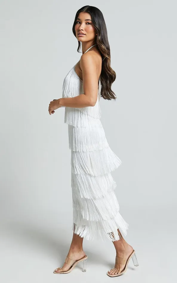 Showpo Trixie Maxi Dress 8211 Diamond Halter Neck Fringe Tiered Dress In White Women Dresses