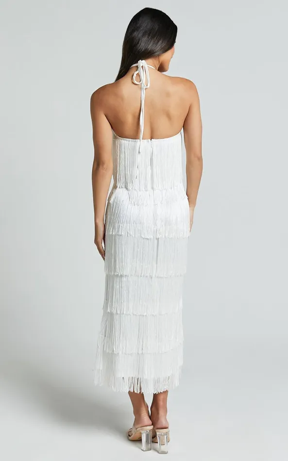 Showpo Trixie Maxi Dress 8211 Diamond Halter Neck Fringe Tiered Dress In White Women Dresses
