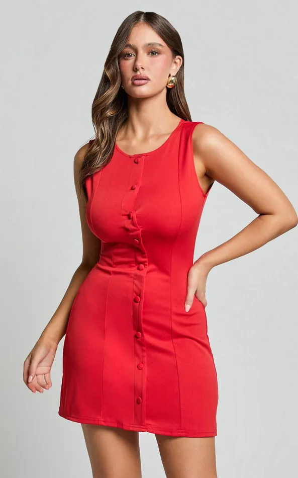 Showpo Trixie Mini Dress 8211 High Neck Button Up A Line Dress In Red Women Dresses Showpo Trixie Mini Dress 8211 High Neck Button Up A Line Dress In Red Women Dresses