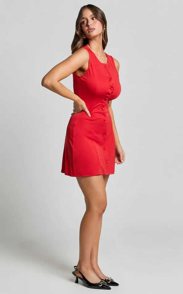 Showpo Trixie Mini Dress 8211 High Neck Button Up A Line Dress In Red Women Dresses
