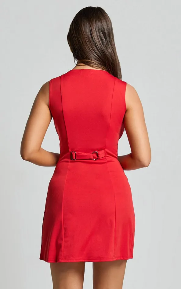 Showpo Trixie Mini Dress 8211 High Neck Button Up A Line Dress In Red Women Dresses