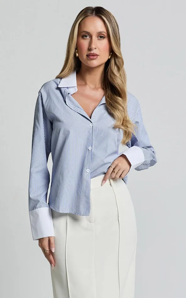 Showpo Trixie Shirt 8211 Striped White Cuff and Collar Detail Button Up Shirt In Blue Stripe Women Tops Showpo Trixie Shirt 8211 Striped White Cuff and Collar Detail Button Up Shirt In Blue Stripe Women Tops
