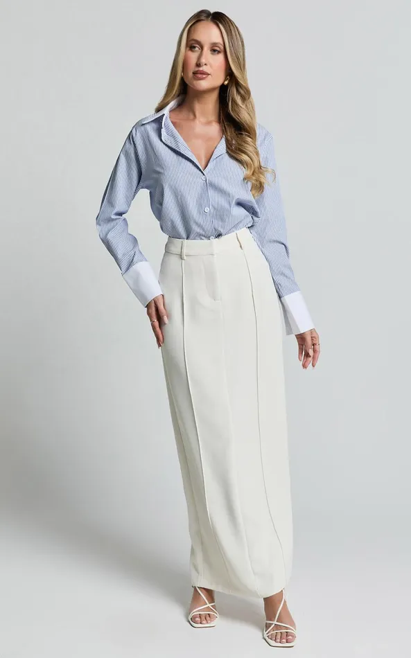 Showpo Trixie Shirt 8211 Striped White Cuff and Collar Detail Button Up Shirt In Blue Stripe Women Tops