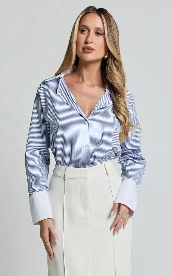 Showpo Trixie Shirt 8211 Striped White Cuff and Collar Detail Button Up Shirt In Blue Stripe Women Tops