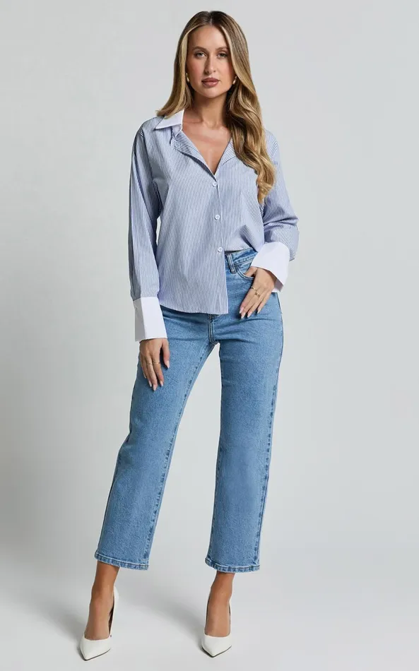 Showpo Trixie Shirt 8211 Striped White Cuff and Collar Detail Button Up Shirt In Blue Stripe Women Tops