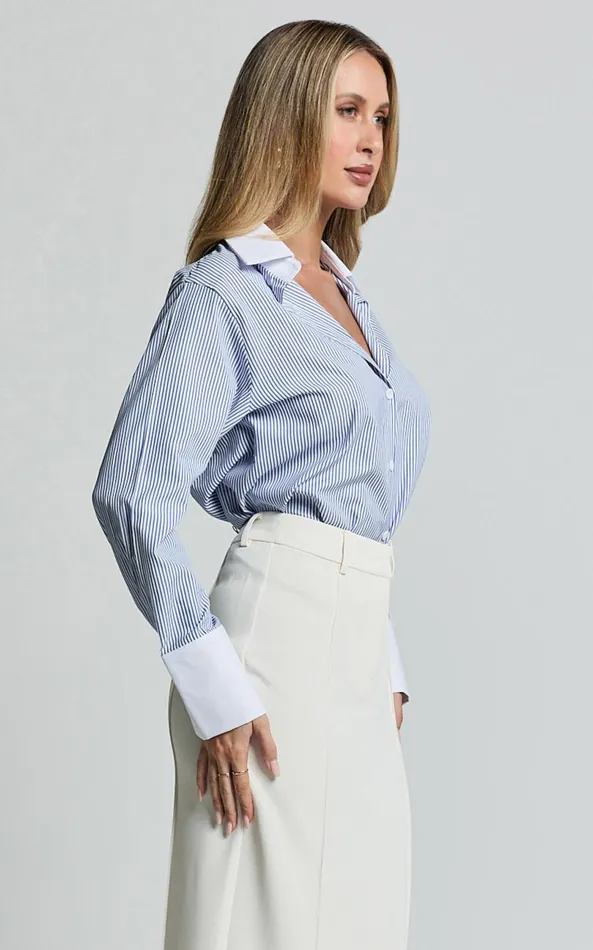 Showpo Trixie Shirt 8211 Striped White Cuff and Collar Detail Button Up Shirt In Blue Stripe Women Tops