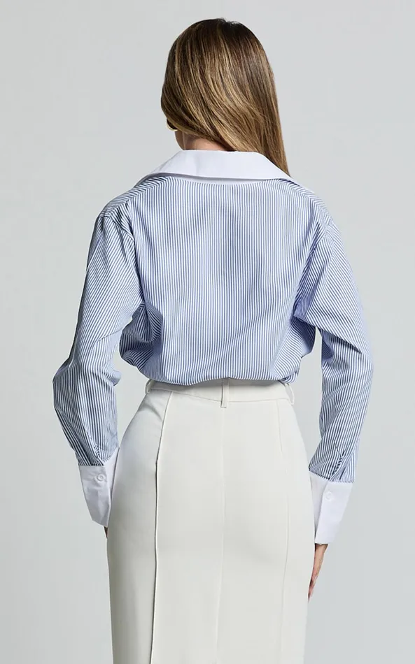 Showpo Trixie Shirt 8211 Striped White Cuff and Collar Detail Button Up Shirt In Blue Stripe Women Tops